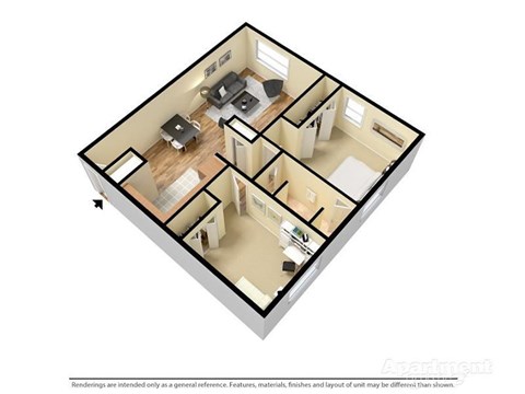 A 3D image of a floor plan of an apartment.